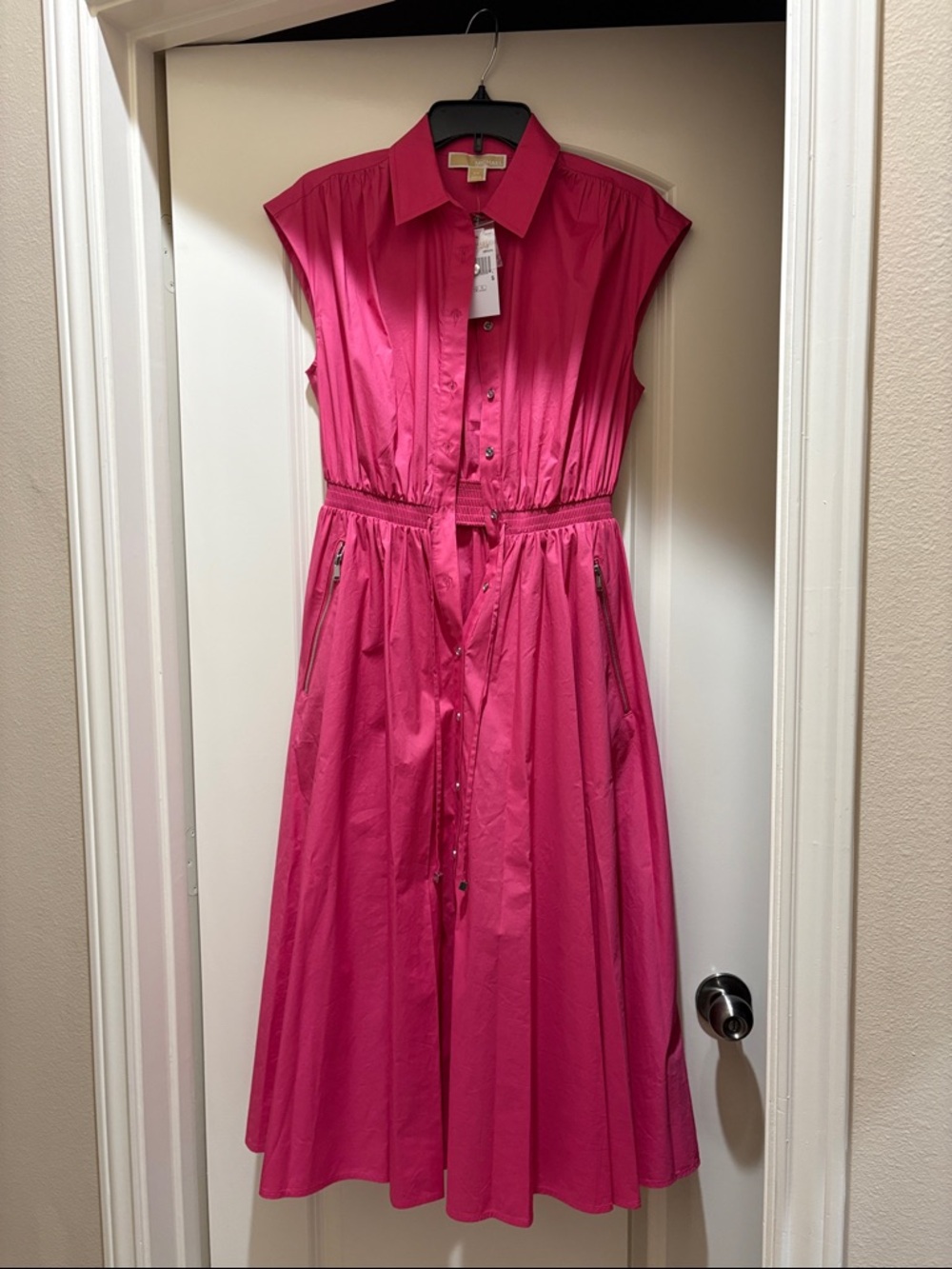 BRAND NEW Michael Kors Pink Cap Sleeve Button-Front Midi Dress